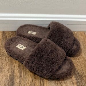 UGG Chocolate Brown Sherling Plush Slides Size 8 Cozette